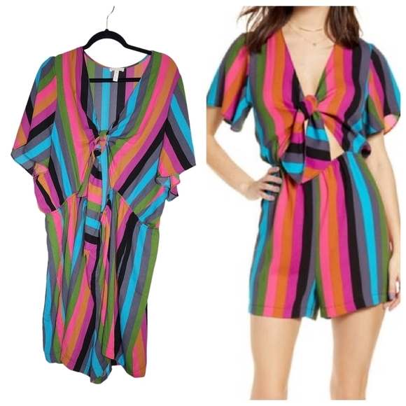 Leith women's 4X tie front striped romper.  Stretch waist. - Picture 1 of 14